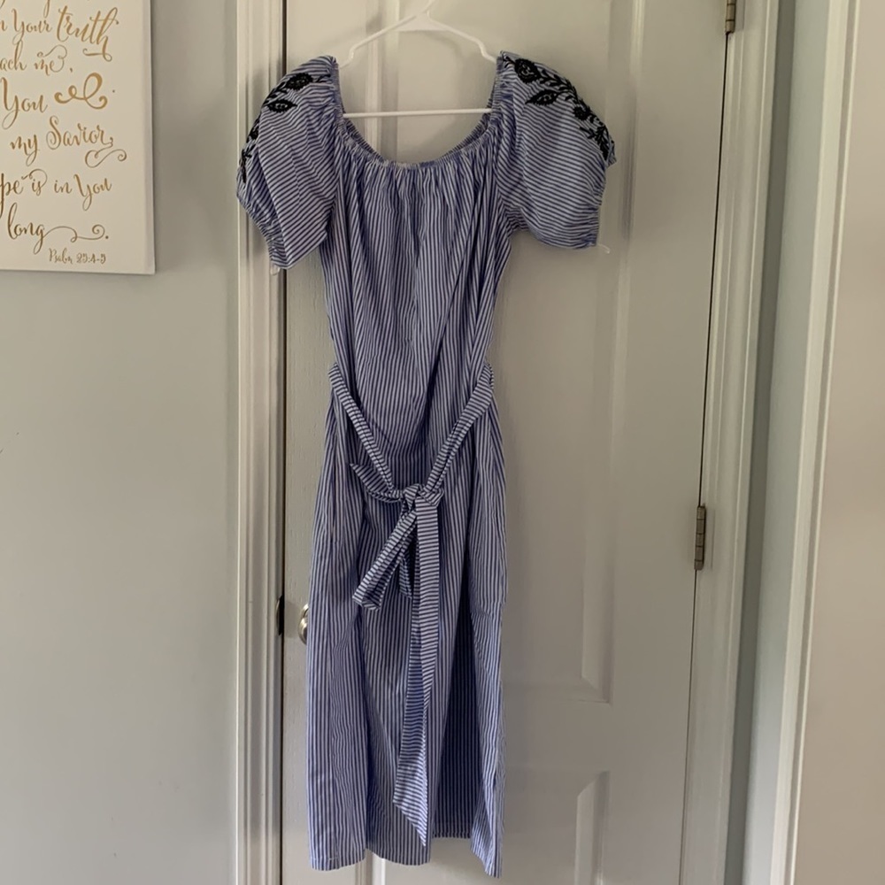 Who What Wear Dress Embroidered Striped Large pockets tie waist off Shoulders - Picture 15 of 16